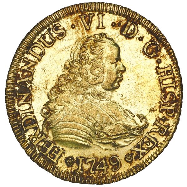 Santiago, Chile, gold bust 4 escudos, Ferdinand VI, 1749 J, NGC MS 61 / La Luz (1752), ex-Sotheby's 