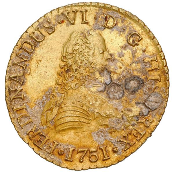 Santiago, Chile, gold bust 8 escudos, Ferdinand VI, 1751J, NGC UNC details / env damage, cleaned, La