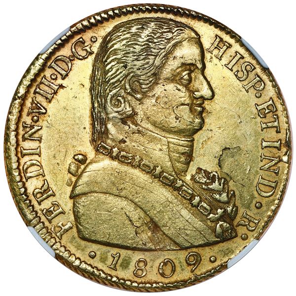 Santiago, Chile, gold bust 8 escudos, Ferdinand VII transitional ("admiral" bust), 1809 FJ, NGC AU 5