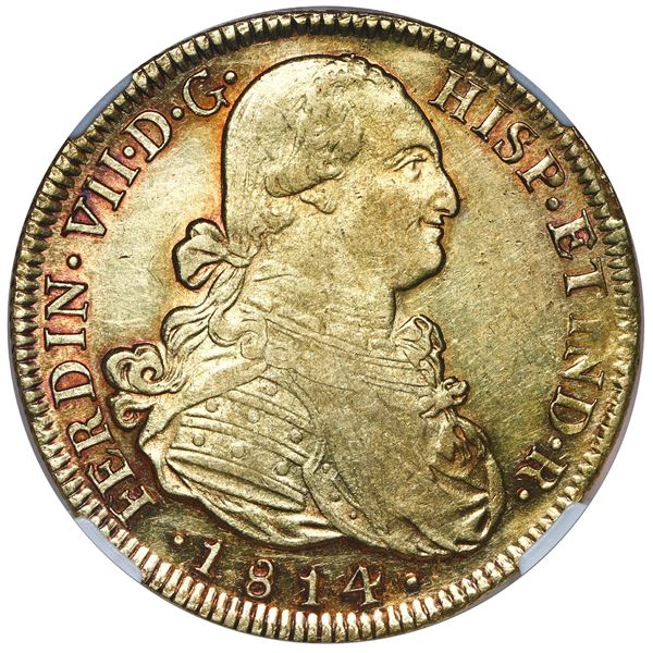 Santiago, Chile, gold bust 8 escudos, Ferdinand VII (bust of Charles IV), 1814 FJ, NGC AU 55..