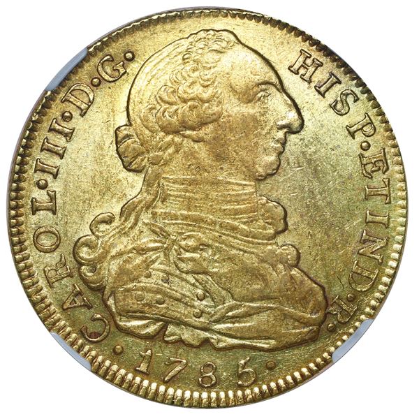 Bogota, Colombia, gold bust 8 escudos, Charles III, 1785 JJ, dot between J's, NGC AU 58.