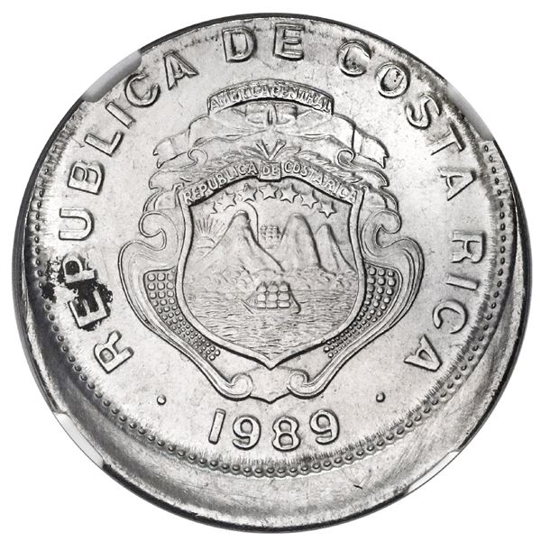 Costa Rica, stainless steel 1 colon, 1989 BCCR, NGC Mint Error MS 63, struck 10% off center.