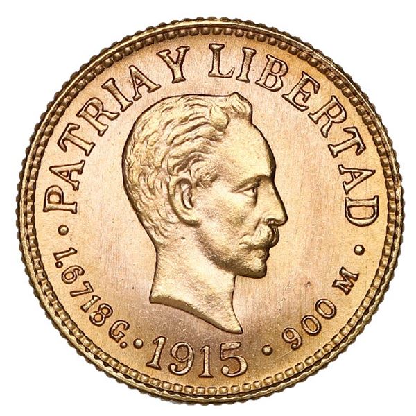 Cuba (struck at the Philadelphia mint), gold 1 peso, 1915, NGC MS 67.