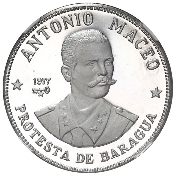 Cuba, proof silver 20 pesos, 1977, Antonio Maceo, NGC PF 67 Ultra Cameo.