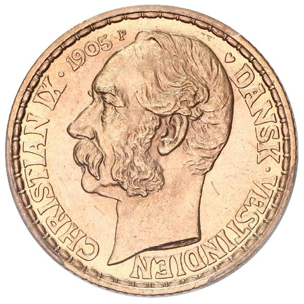 Danish West Indies, gold 4 daler, Christian IX, 1905, mint master P, moneyer GJ, PCGS MS65.