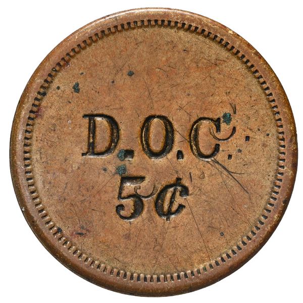 Danish West Indies, small uniface brass 5 cents token, D.O.C., ca. 1890, unique, ex-Byrne, Higgie Pl