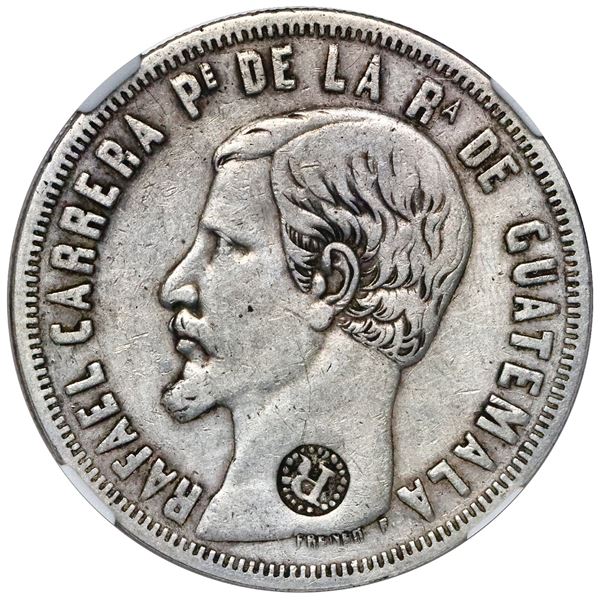 El Salvador, 8 reales, R-in-beaded-circle countermark (Type IV, 1862) on a Guatemala 8 reales 1859 R