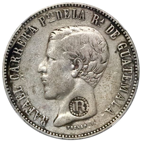 El Salvador, 4 reales, R-in-beaded-circle countermark (Type IV, 1862) on a Guatemala 4 reales 1861 R