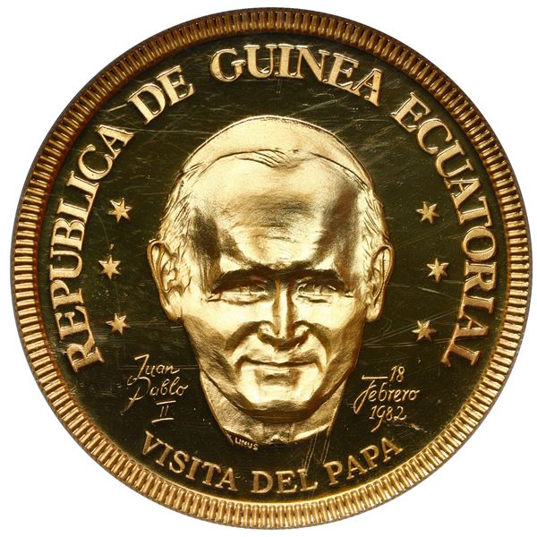 Equatorial Guinea, gold proof 1 ekuele, 1982, visit by Pope John Paul II, NGC PF 69 Ultra Cameo ("to