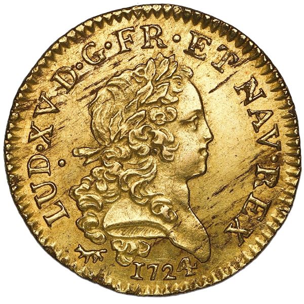 France (Paris mint), gold louis d'or Mirliton, Louis XV, 1724-A, NGC MS 61.