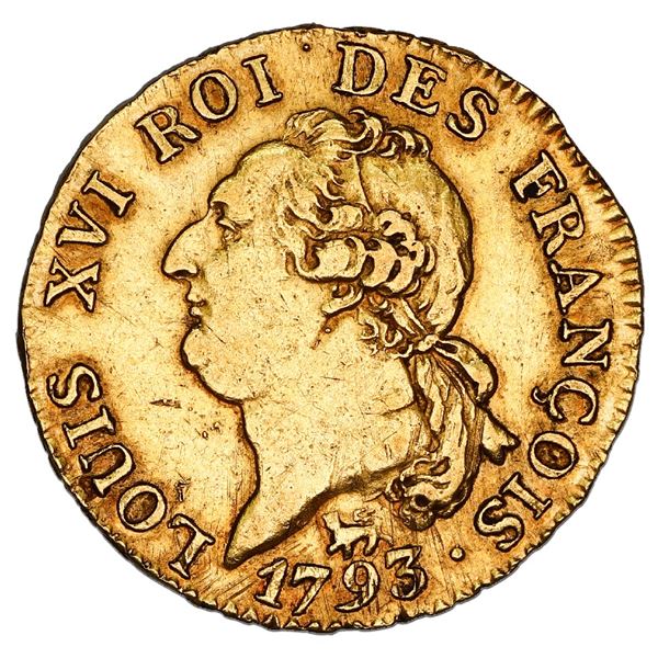 France (Paris mint), gold louis d'or de 24 livres, Louis XVI, 1793-A, L'An 5, rare, NGC AU 50.