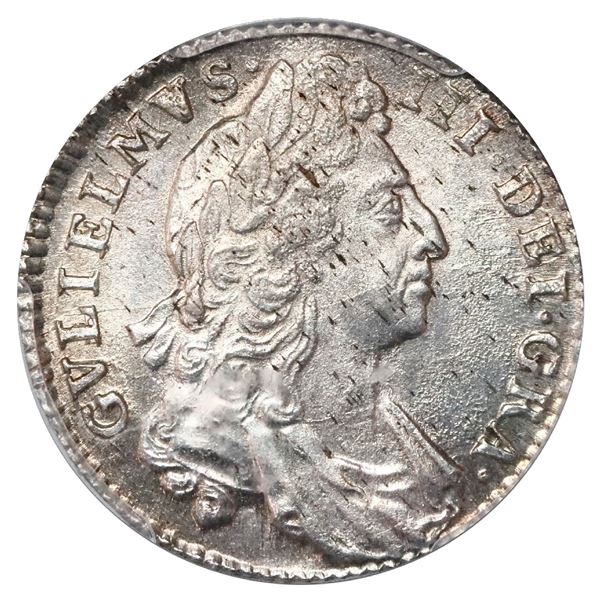 Great Britain (London, England), shilling, William III (first bust), 1697, no reverse stops, PCGS MS