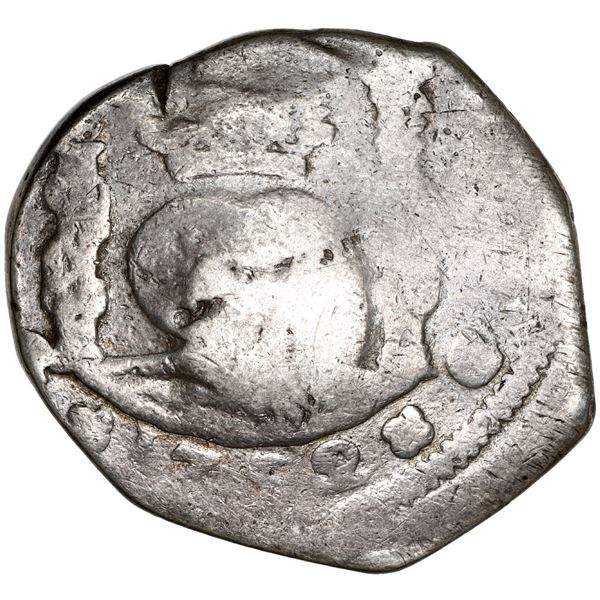 Guatemala, cob 8 reales, 1752 J, with sun-over-mountains countermark (Type II, 1839) on shield side,