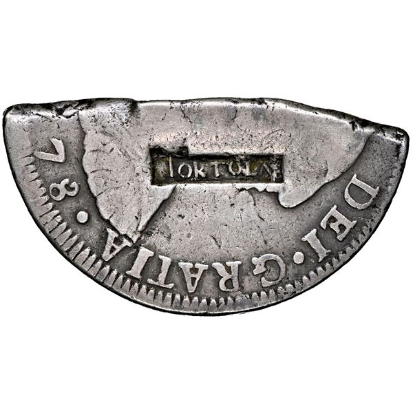 Tortola, 4 shillings 1-1/2 pence, countermark TORTOLA inside contoured rectangular indent (Type I, 1