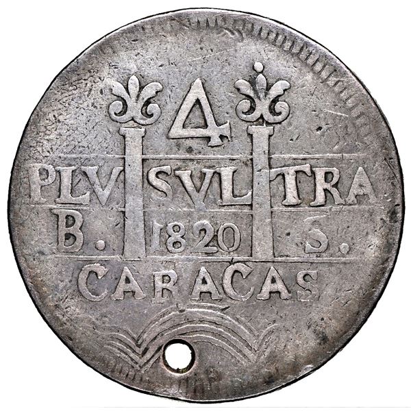 Caracas, Venezuela, 4 reales, Ferdinand VII, 1820 BS, proper quadrants, rare, NGC VF details / holed