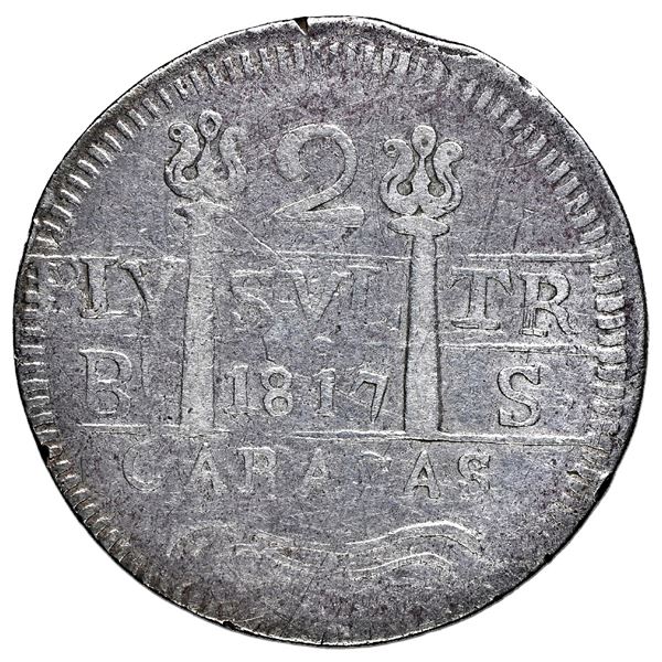 Caracas, Venezuela, 2 reales, Ferdinand VII, 1817 BS, transposed quadrants, NGC VF details / cleaned