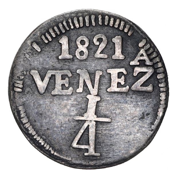 Caracas, Venezuela (under Gran Colombia), 1/4 real, 1821, dot between 1 and 9, eight long rays and s