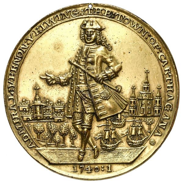 Great Britain, gilt copper alloy Admiral Vernon medal, Vernon with city and ships / Cartagena, 1741,