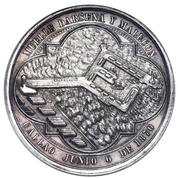 Peru, thick silver medal, 1870, Callao docks, NGC AU 58.