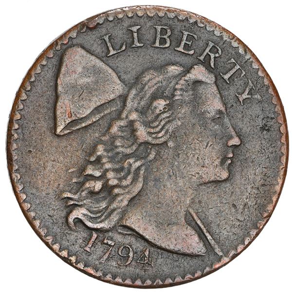 USA (Philadelphia mint), copper Flowing Hair 1 cent, 1794, head of 1794, S-57, B-55, R.1, NGC AU det