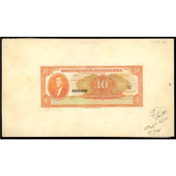 San Jose, Costa Rica, Banco Nacional, 10 colones front progress proof, ND (1942-49), mounted on thic