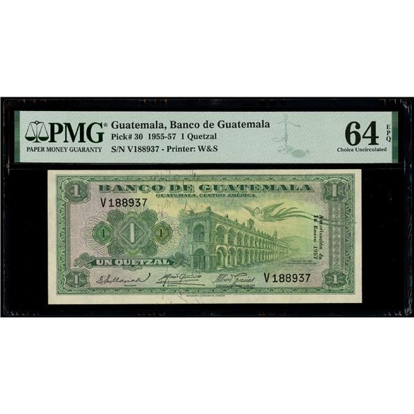 Guatemala, Banco de Guatemala, 1 quetzal, 16-1-1957, serial V188937, PMG Choice UNC 64 EPQ.