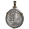 Image 1 : Potosi, Bolivia, cob 4 reales, Philip III, assayer T, Grade 2, ex-Atocha (1622), mounted cross-side 