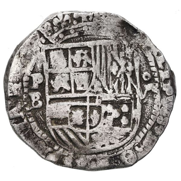 Potosi, Bolivia, cob 8 reales, Philip II, assayer B (5th period).