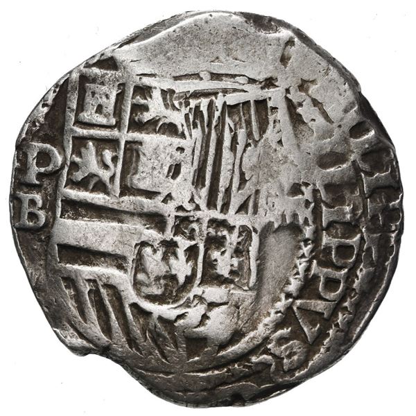 Potosi, Bolivia, cob 8 reales, Philip II, assayer B (5th period), borders of x's.