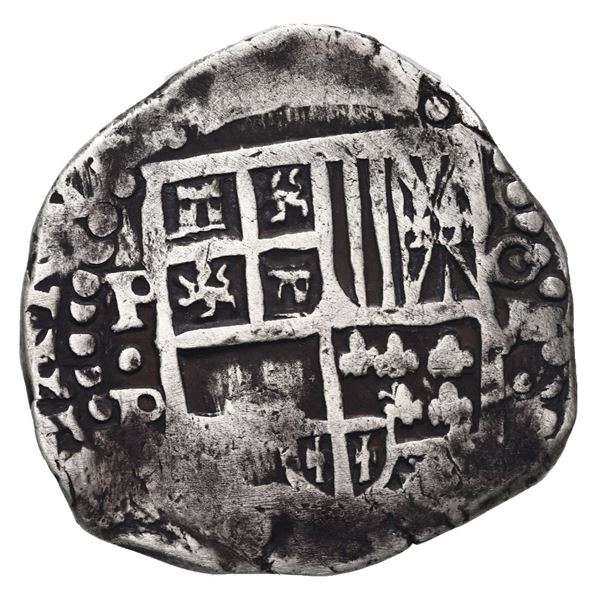 Potosi, Bolivia, cob 8 reales, Philip IV, assayer P (mid-1620s), quadrants of cross transposed.