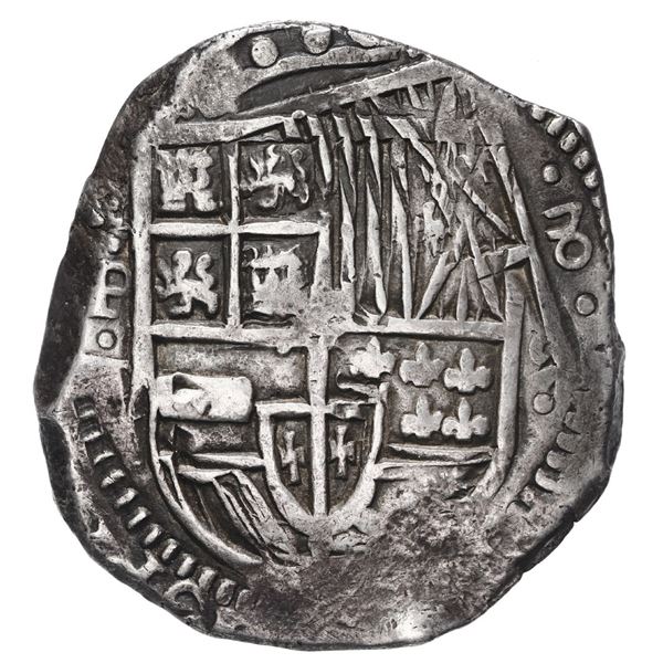 Potosi, Bolivia, cob 8 reales, 1629 T, denomination 8, fine-dot borders.