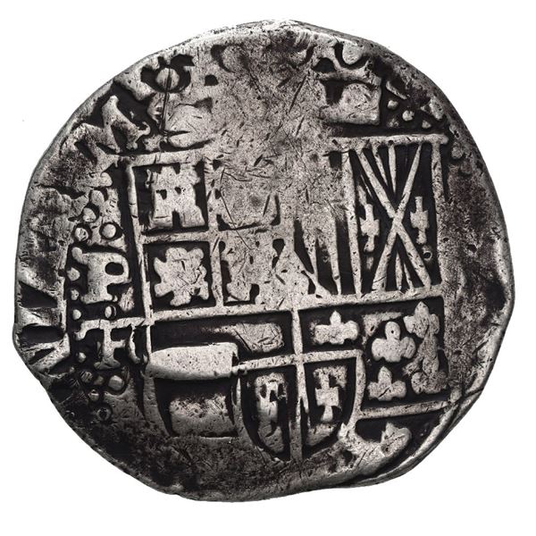 Potosi, Bolivia, cob 8 reales, Philip IV, assayer TR (mid-1630s).