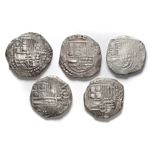 Lot of five Potosi, Bolivia, cob 8 reales, Philip III and IV, various assayers (where visible), most