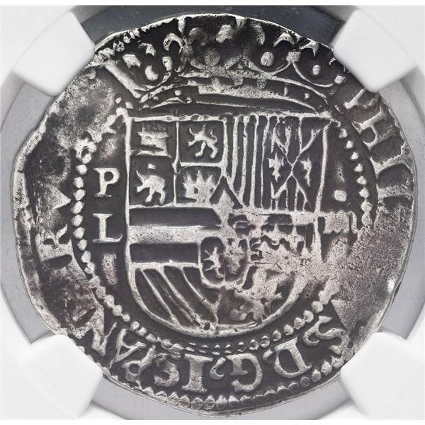 Potosi, Bolivia, cob 4 reales, Philip II, assayer L (1st period), rare, NGC VF details / plugged.