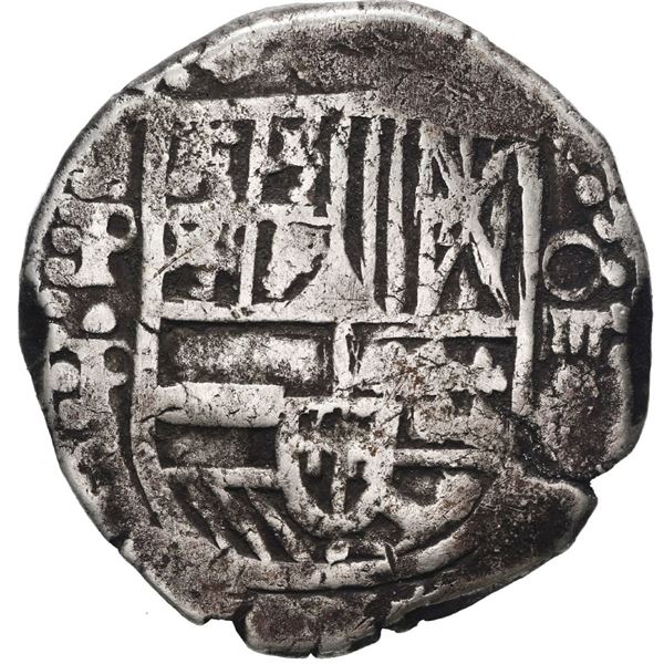 Potosi, Bolivia, cob 4 reales, Philip IV, assayer P (early 1620s), quadrants of cross transposed.