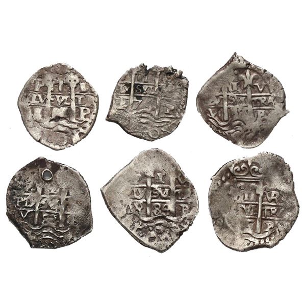 Lot of six Potosi, Bolivia, cob 1R: 1655 E, 1674 E, 1682 V, 1683 V, 1684 VR, 1685 VR.