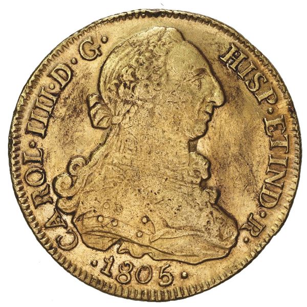 Santiago, Chile, gold bust 8 escudos, Charles IV (bust of Charles III), 1805 FJ, rare.