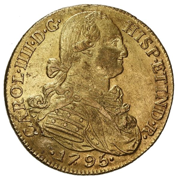 Bogota, Colombia, gold bust 8 escudos, Charles IV, 1795 JJ.