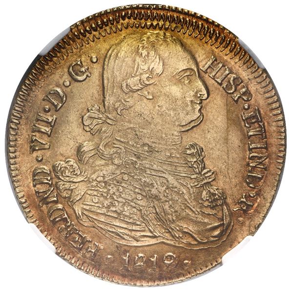 Popayan, Colombia, gold bust 8 escudos, Ferdinand VII (bust of Charles IV), 1819 FM, off-center doub