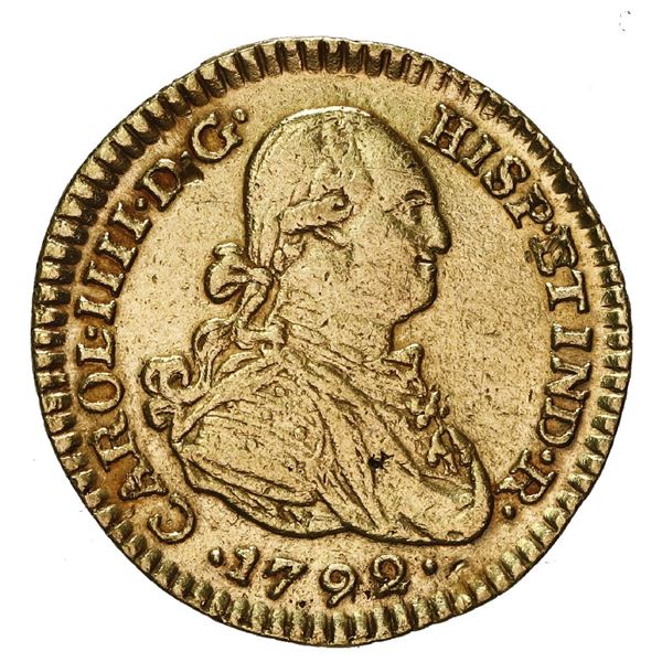 Popayan, Colombia, gold bust 1 escudo, Charles IV, 1792 JJ.