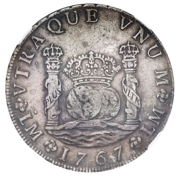 Lima, Peru, pillar 8 reales, Charles III, 1767 JM, dot over left mintmark only, NGC XF 40.
