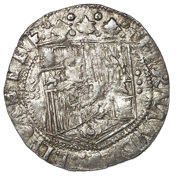 Seville, Spain, 1 real, Ferdinand-Isabel, three-dot columns flanking shield, mintmark S on reverse.