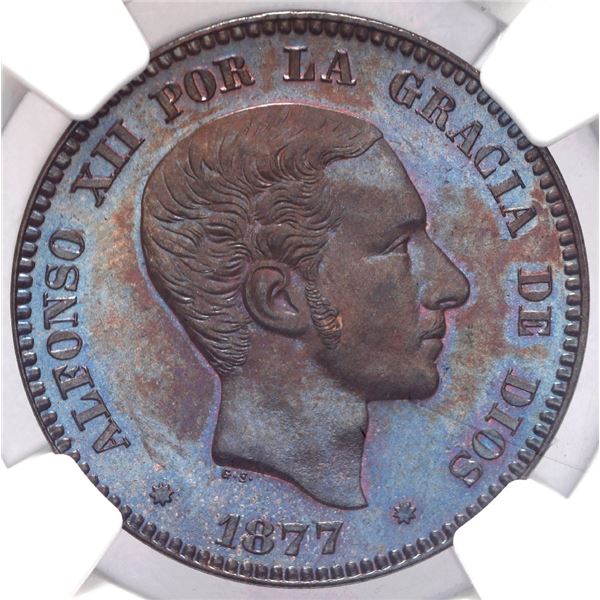 Barcelona, Spain, copper 10 centimos, Alfonso XII, 1877 OM, NGC MS 64 BN.