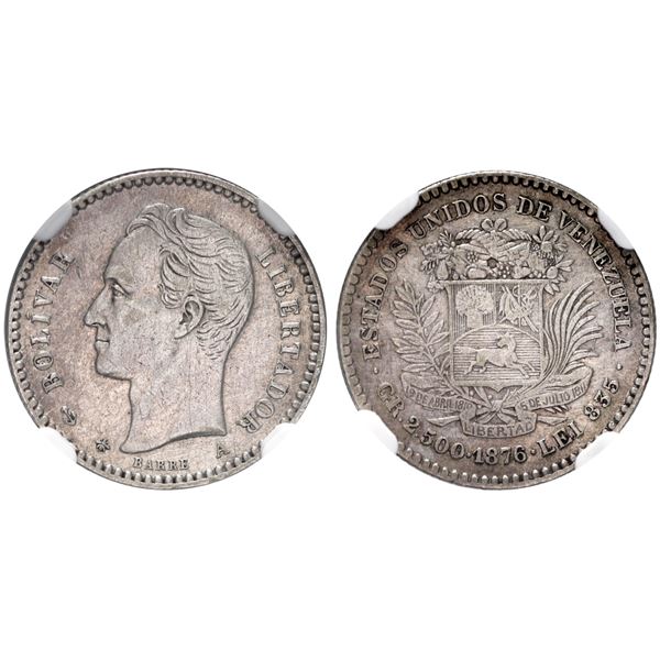 Venezuela (struck at the Paris mint), 10 centavos, 1876-A, serifed A, NGC AU details / cleaned.