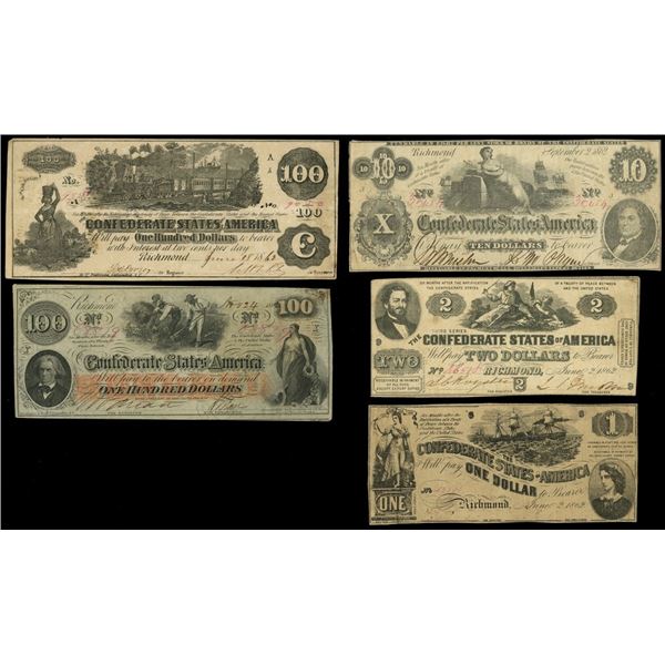 Lot of five Confederate notes of 1862: $100, June 18, 1862, serial 9050; $100, Nov. 24, 1862, serial