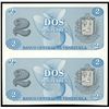 Image 2 : Uncut pair of Venezuela, Banco Central, 2 bolivares, 5-10-1989, serials CH8765000 and CH8715000, wit