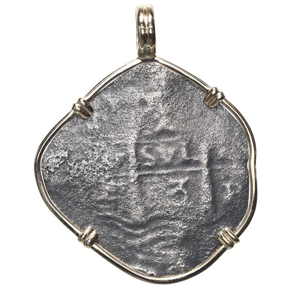 Potosi, Bolivia, cob 4 reales, 1653 E, ex-Consolacion (1681), mounted pillars-side out in 14K gold b