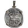 Image 2 : Potosi, Bolivia, cob 4 reales, 1670 E, mounted cross-side out in silver bezel with 14K gold prongs a