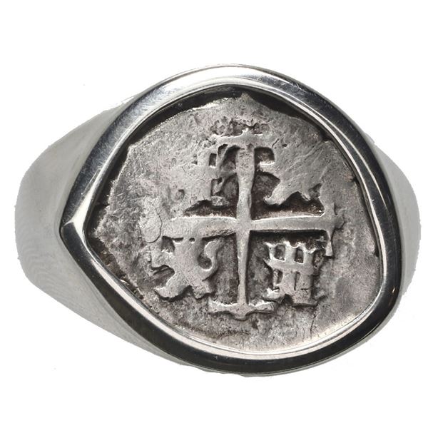 Potosi, Bolivia, cob 1/2 real, 1715, mounted cross-side out in silver ring, size 10.