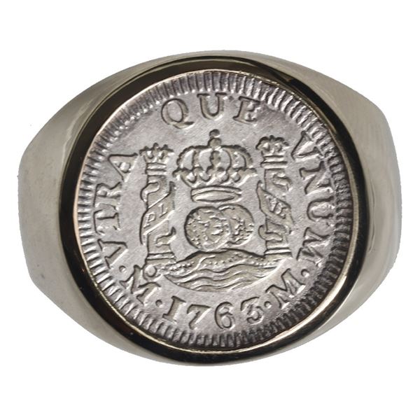 Mexico City, Mexico, pillar 1/2 real, Charles III, 1763 M, mounted pillars-side up in 14K gold ring,